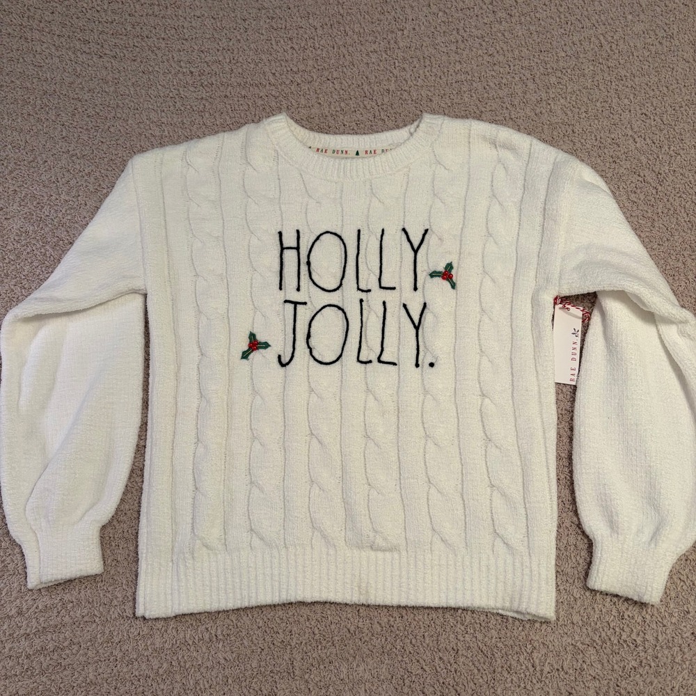 Rae Dunn Holly Jolly White Cable Knit Sweater Womens Small NWT - Picture 2 of 7